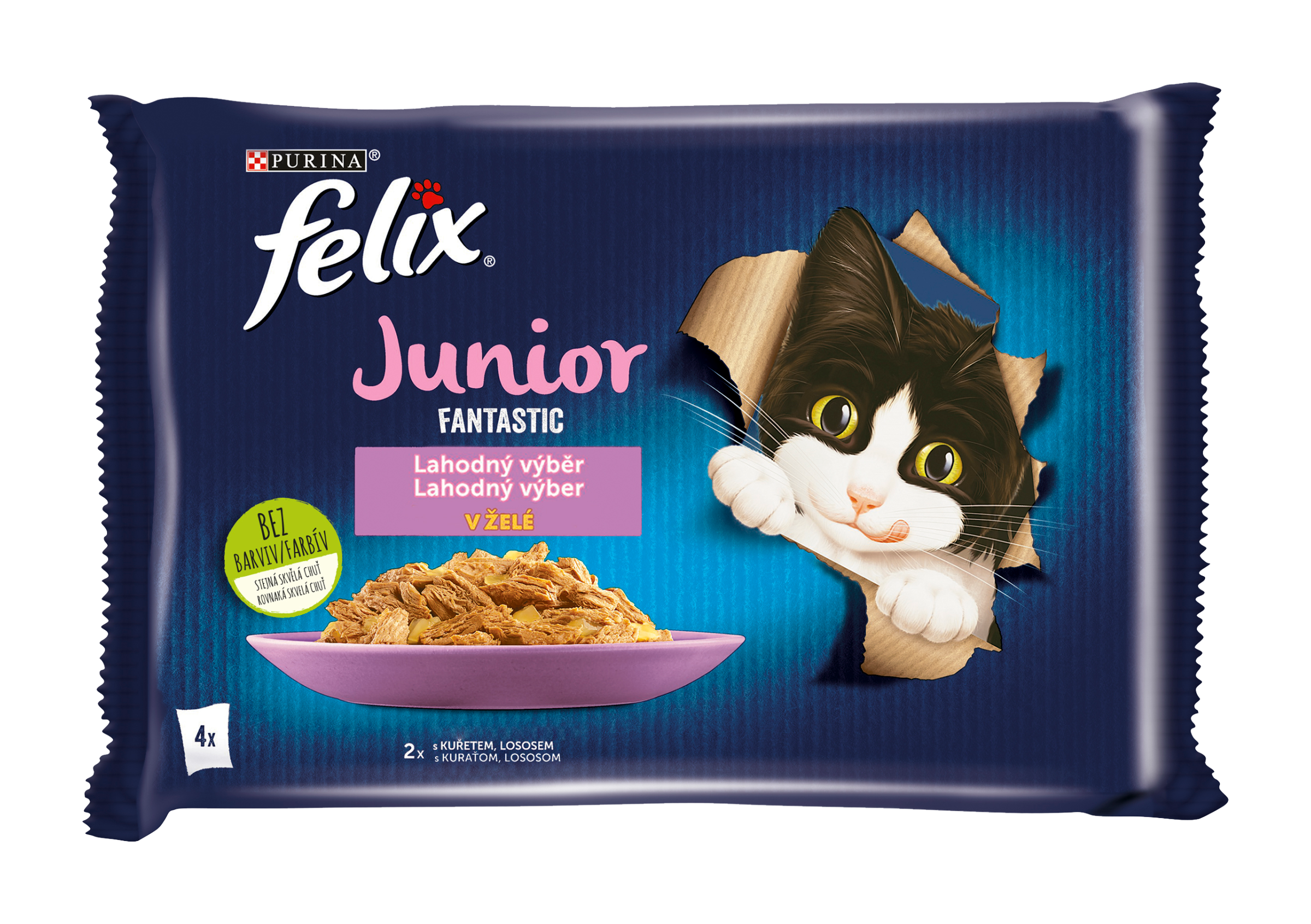 Kapsička pro kočky Fantastic Junior s kuřetem a lososem v želé multipack 4x 85 g