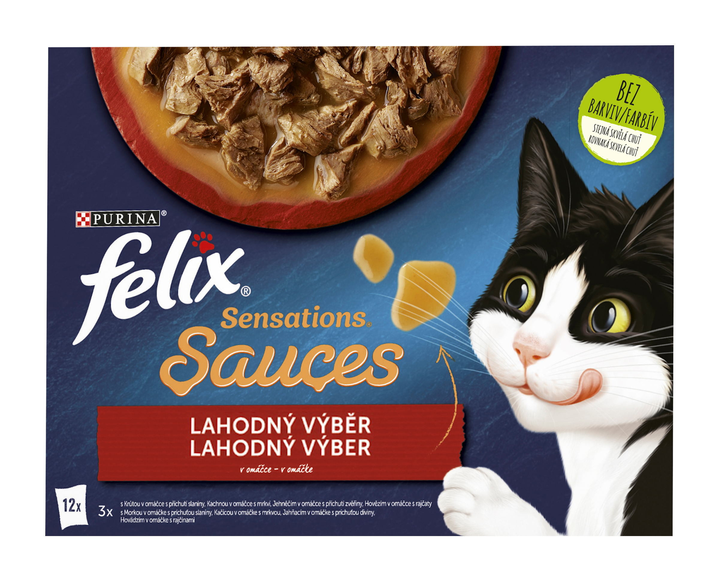 FELIX Sensations Sauces - výběr v ochucených omáčkách s hovězím, jehněčím, krůtou a kachnou multipack 12x 85 g