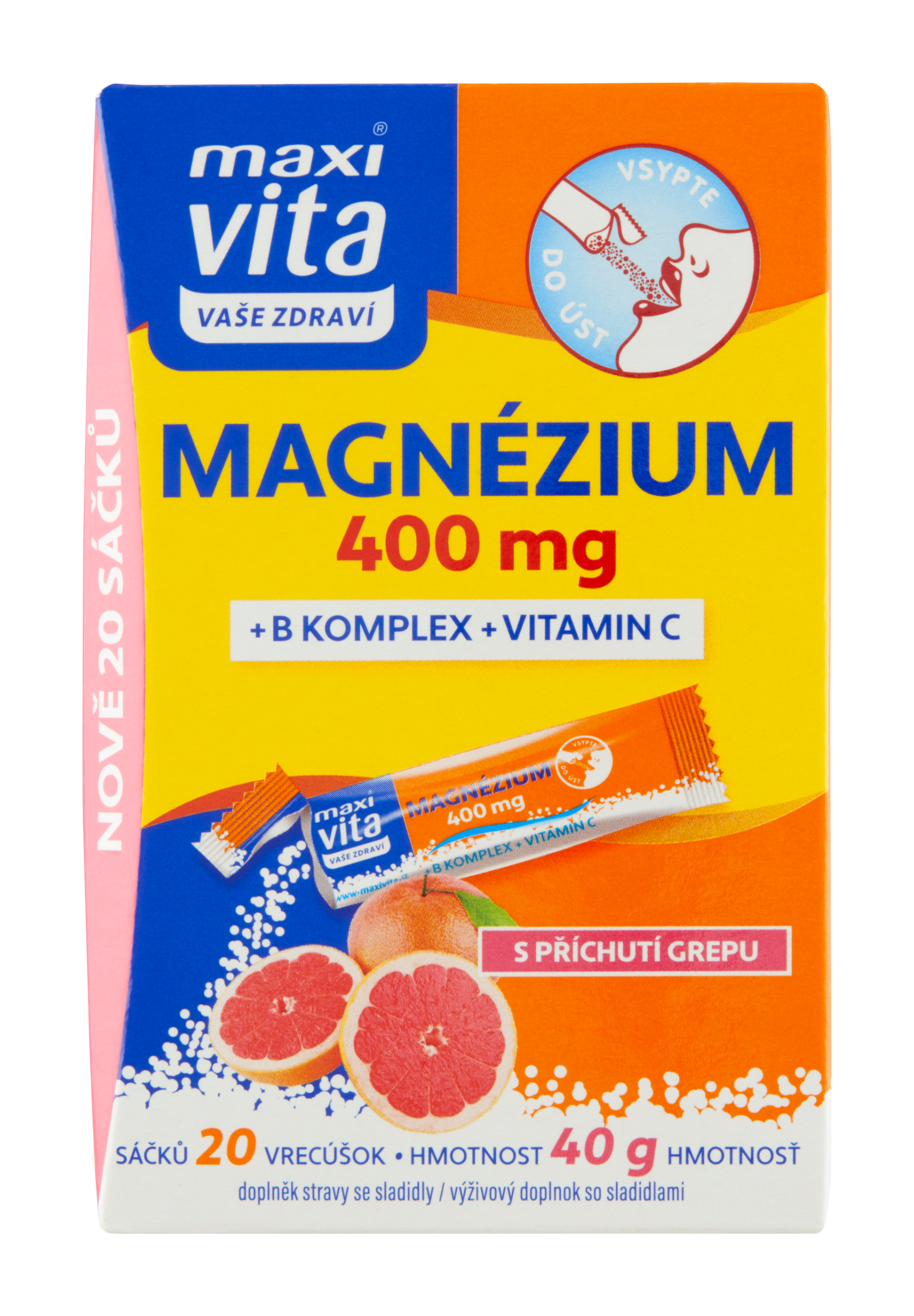 Magnézium 400 mg + B komplex + vitamin C s příchutí grepu, doplněk stravy