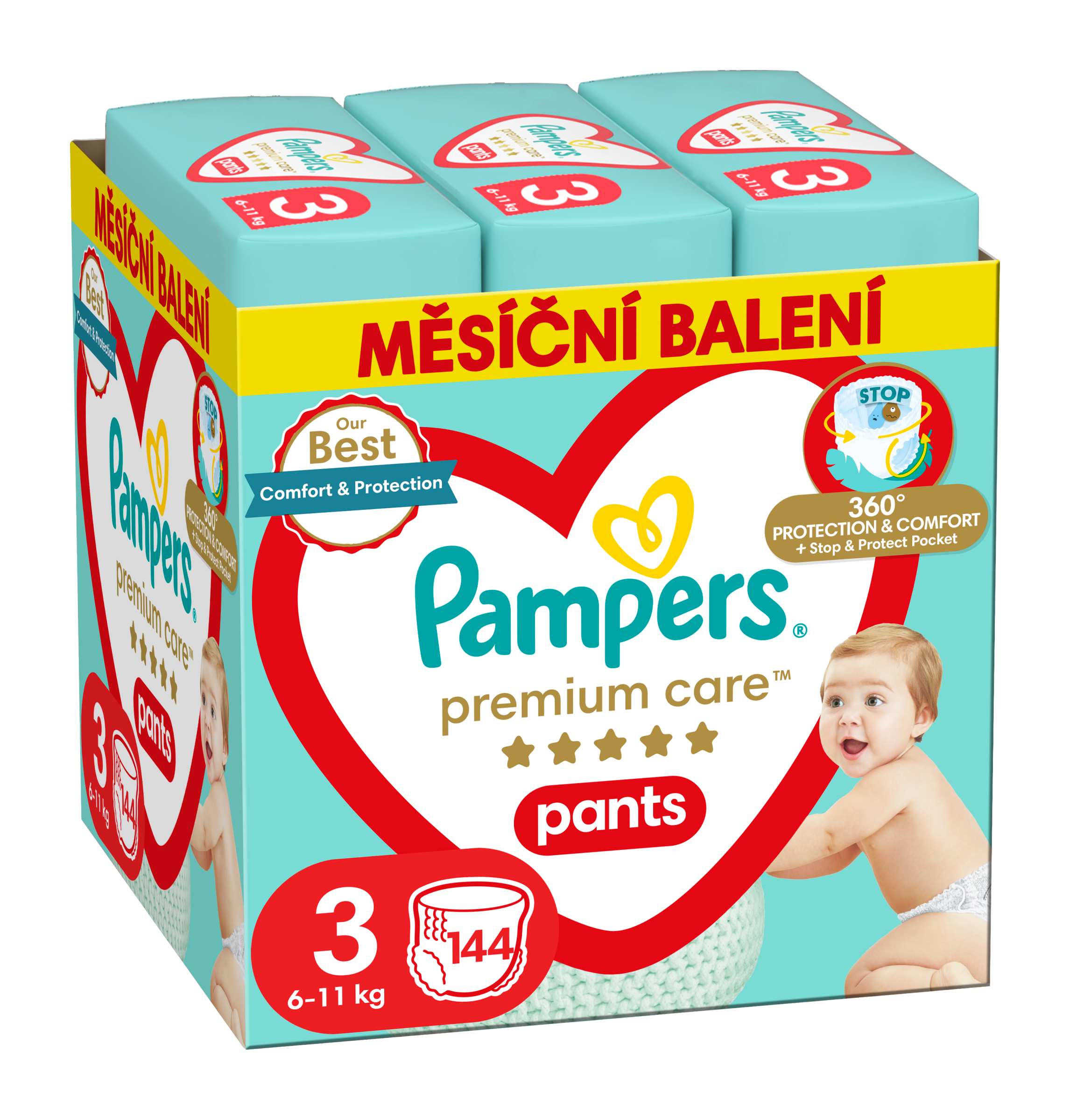 Plenkové kalhotky Premium Care 6 - 11 kg, vel. 3 - měsíční balení