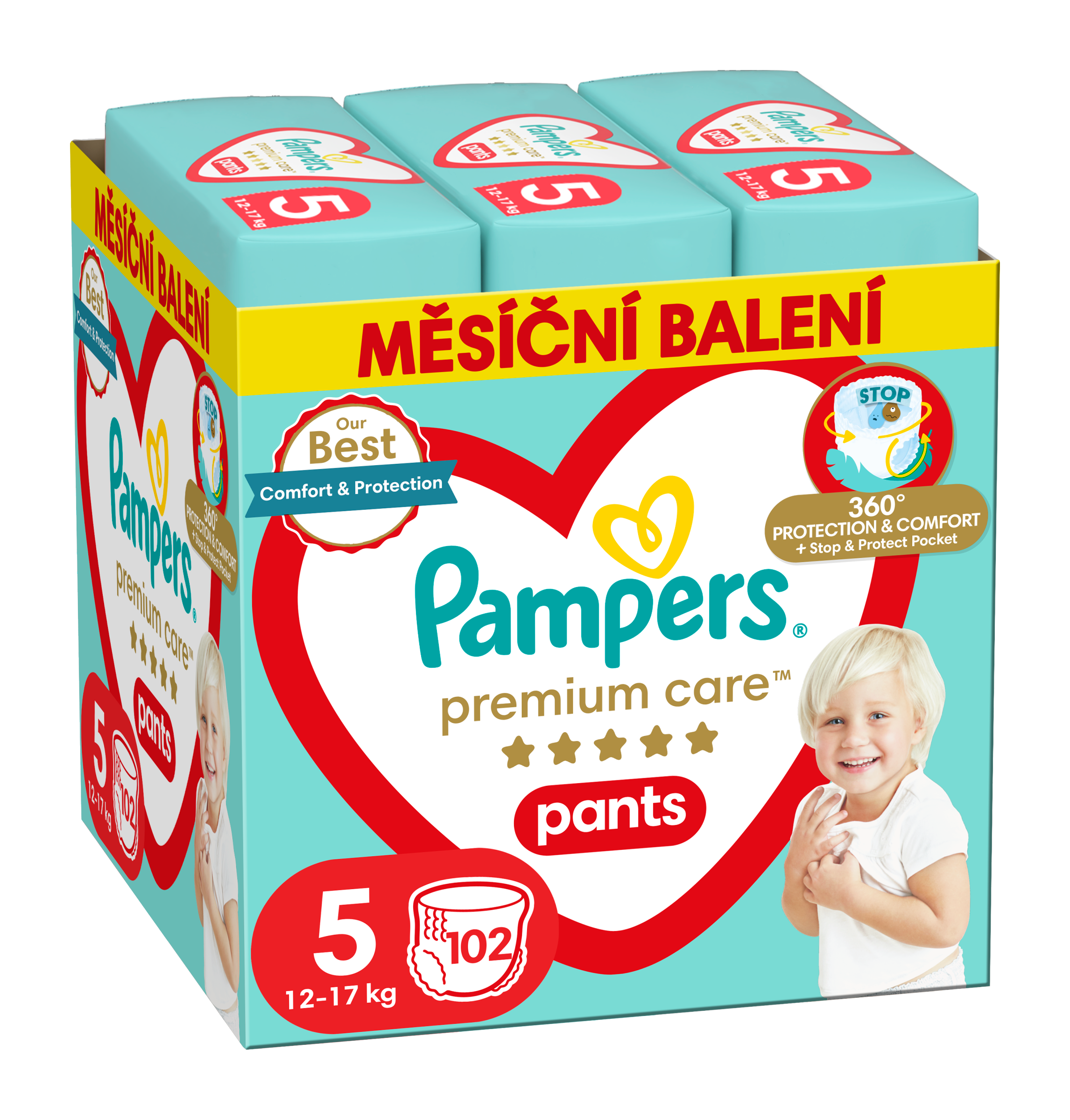 Plenkové kalhotky Premium Care 12 - 17 kg, vel. 5 - měsíční balení