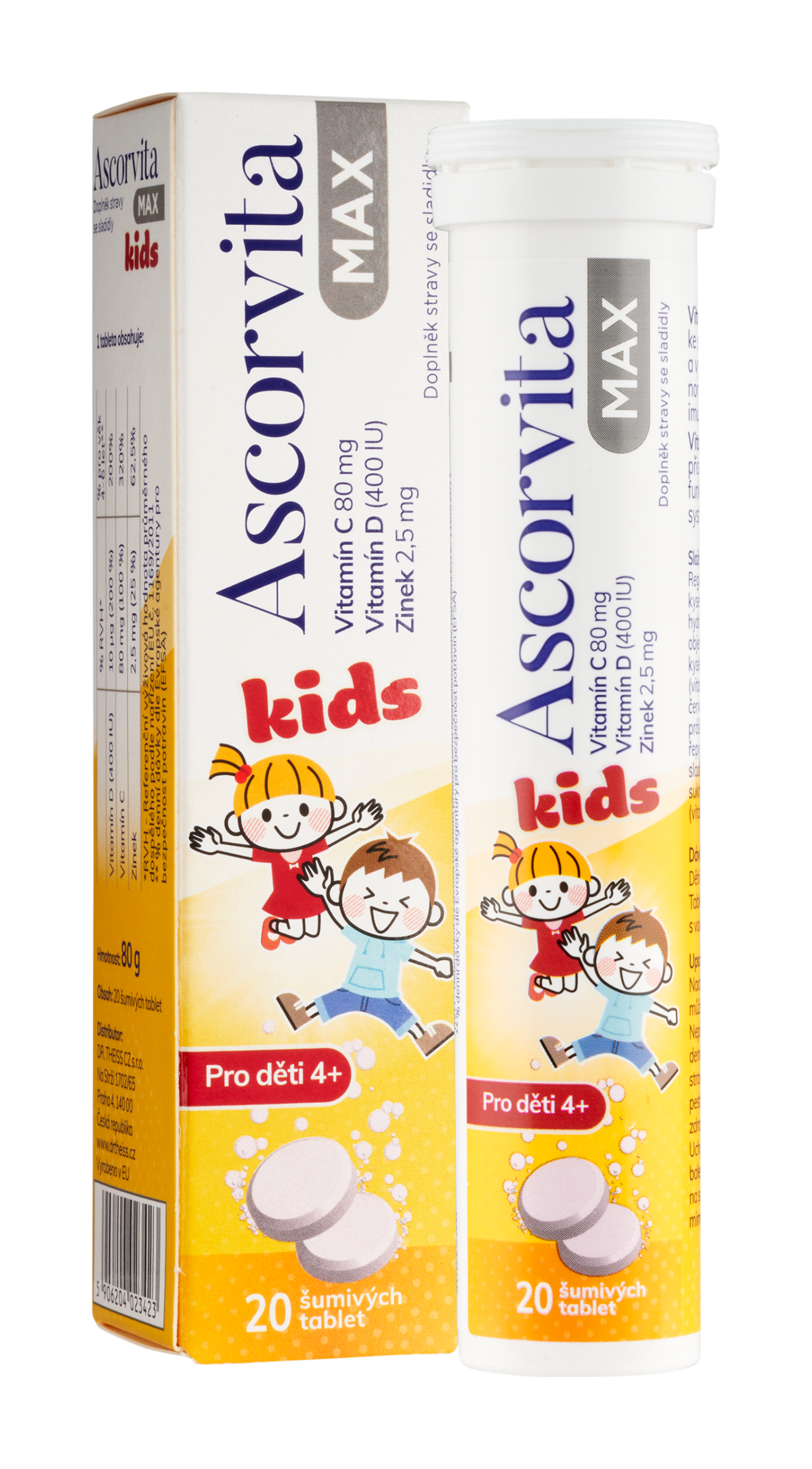 Ascorvita Šumivé tablety na podporu imunity Max Kids, doplněk stravy 80 g