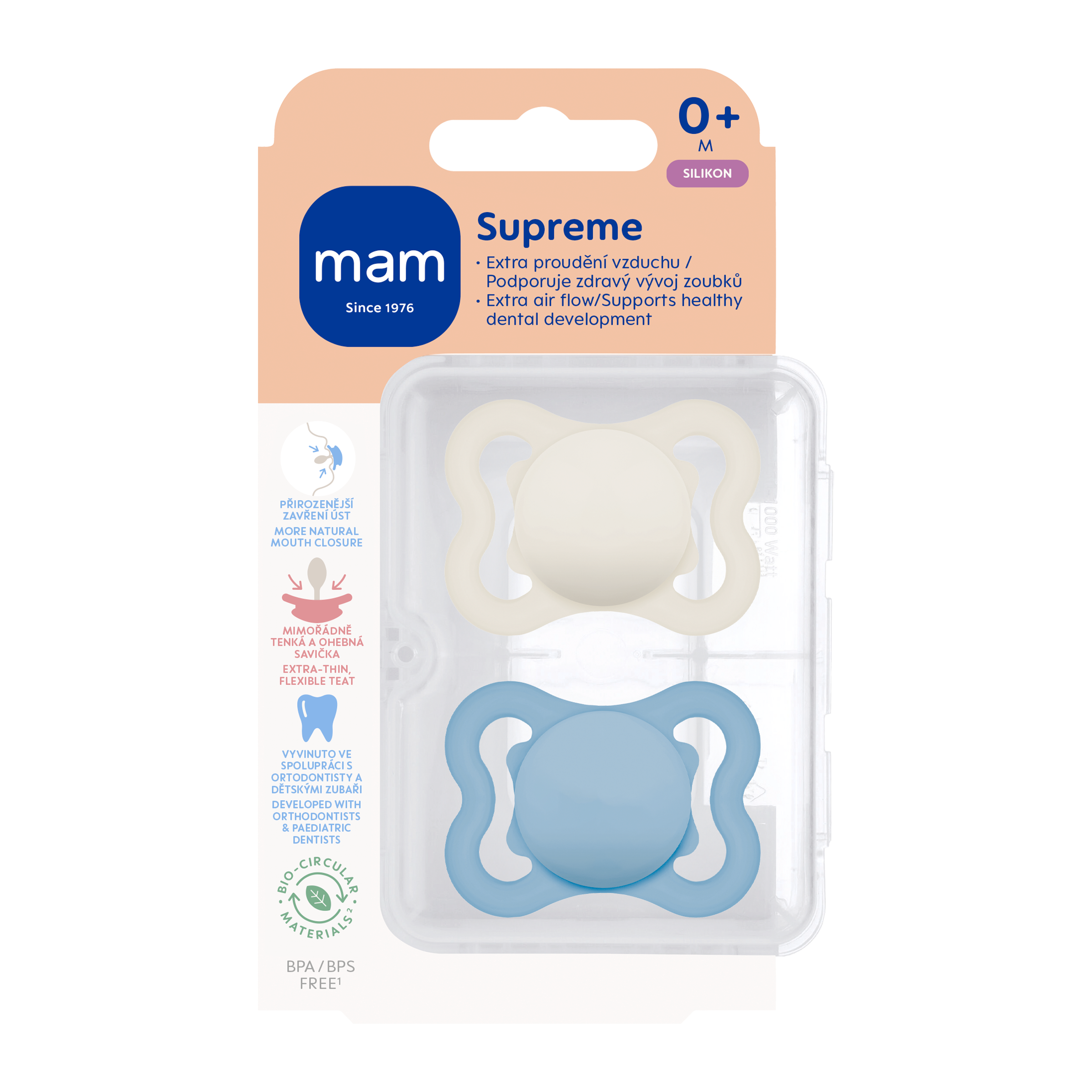 MAM Dudlík Supreme 0+ měs. béžový/tyrkysový 2 ks