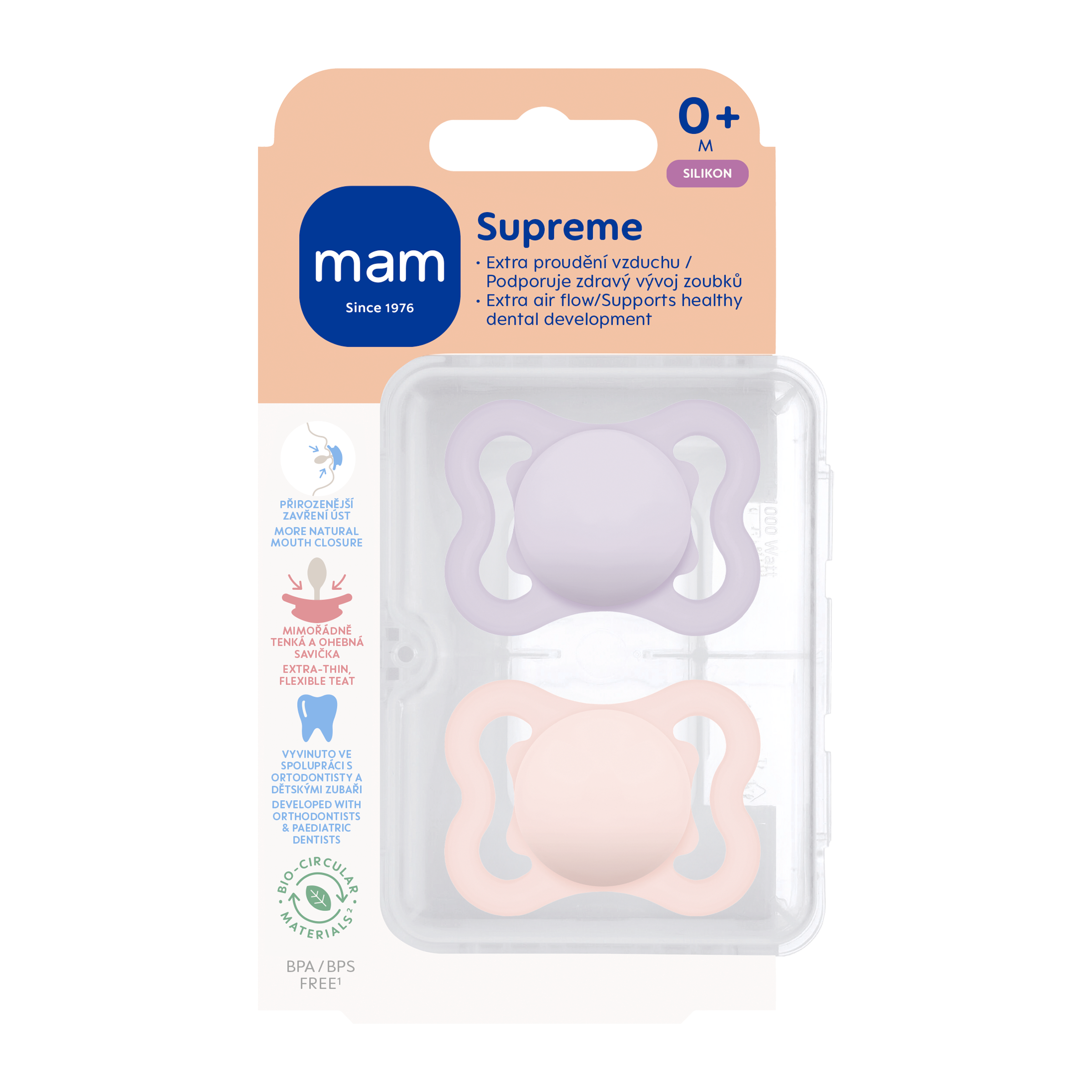 MAM Dudlík Supreme 0+ měs. fialový/růžový 2 ks