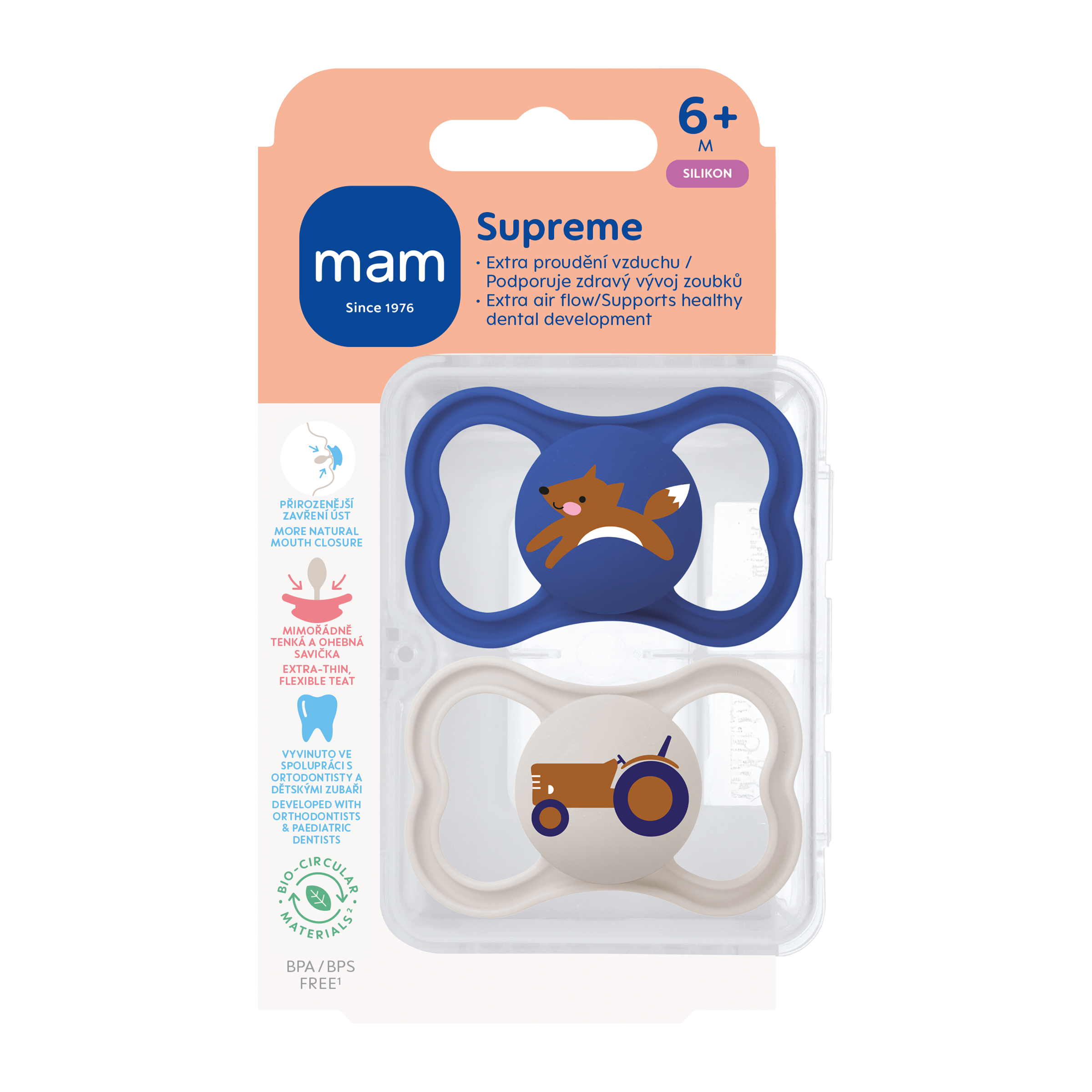 Dudlík Supreme 6+ měs. tm modrý/šedý
