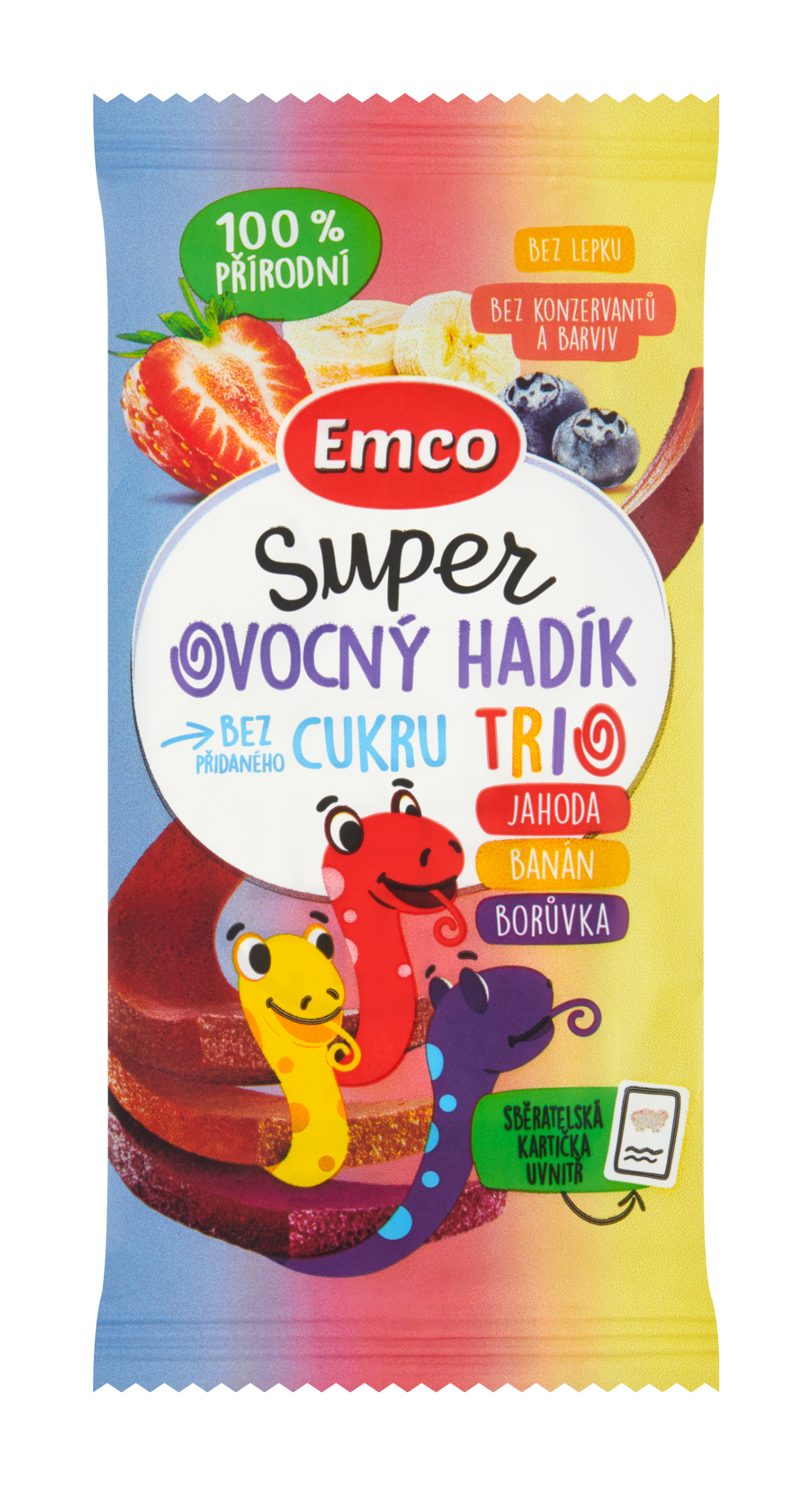Emco Super ovocný hadík Trio jahoda, banán a borůvka