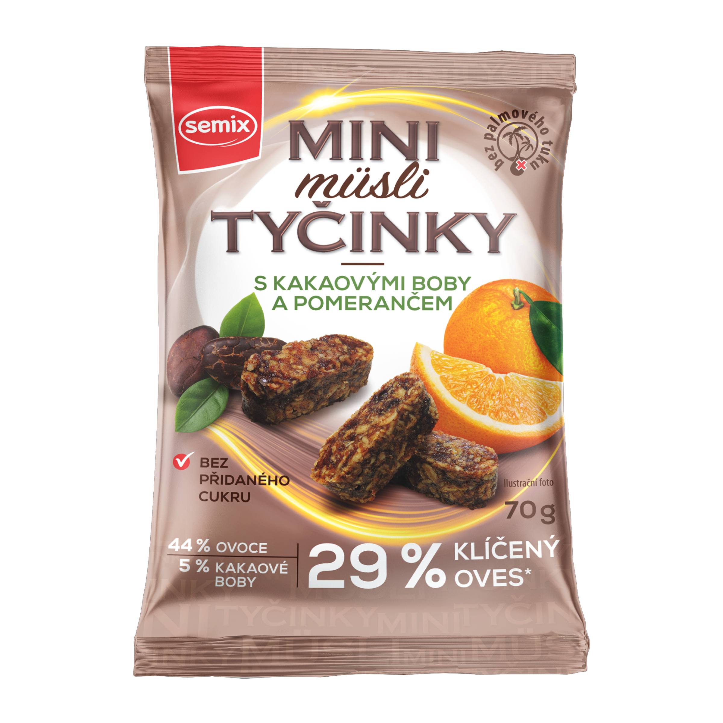 Mini müsli tyčinky s kakaovými boby a pomerančem