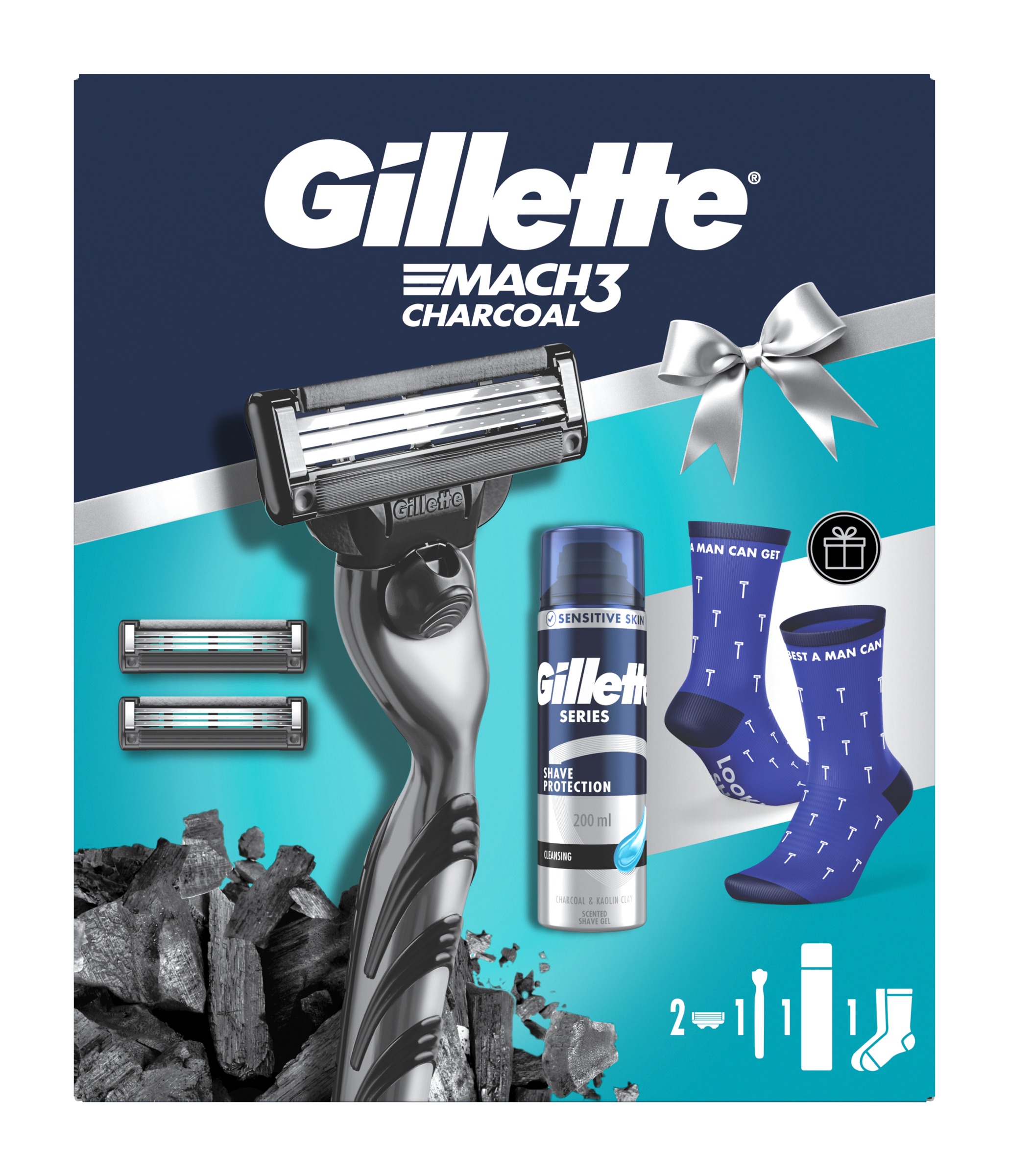 Gillette Dárková sada Holicí strojek Mach3 Charcoal, 2 náhradní hlavice, holicí gel a ponožky