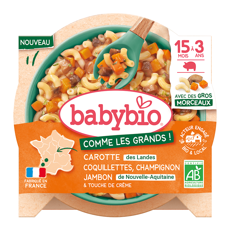 Babybio Těstoviny coquillettes s mrkví, žampiony, šunkou a smetanou