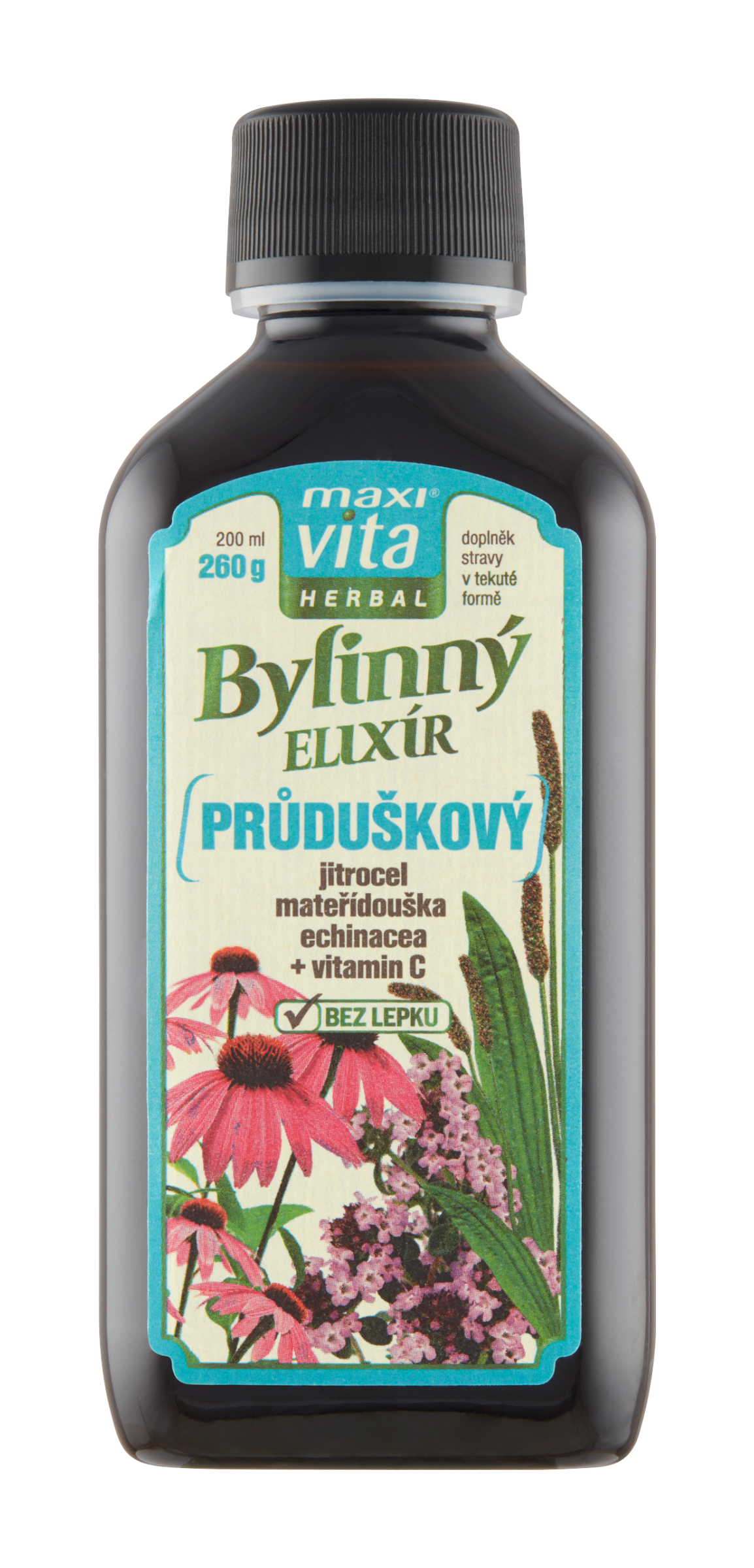 Bylinný elixír průduškový Herbal jitrocel mateřídouška echinacea + vitamin C, doplněk stravy