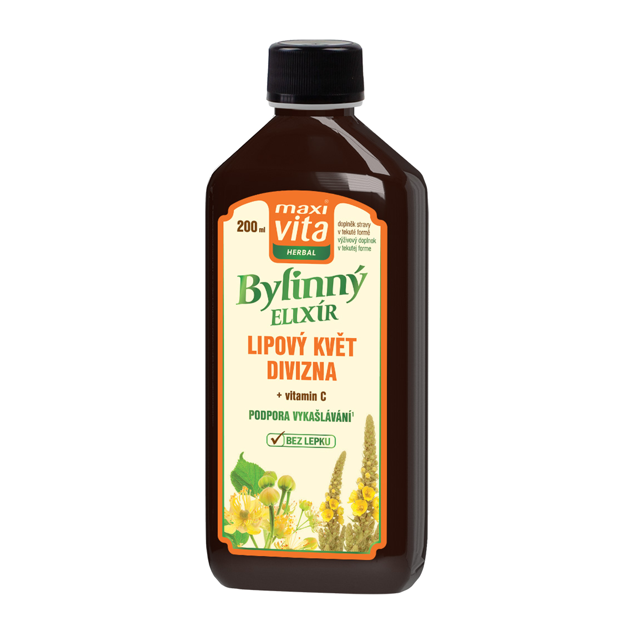 Bylinný elixír Herbal na podporu vykašlávání lipový květ, divizna + vitamin C, doplněk stravy