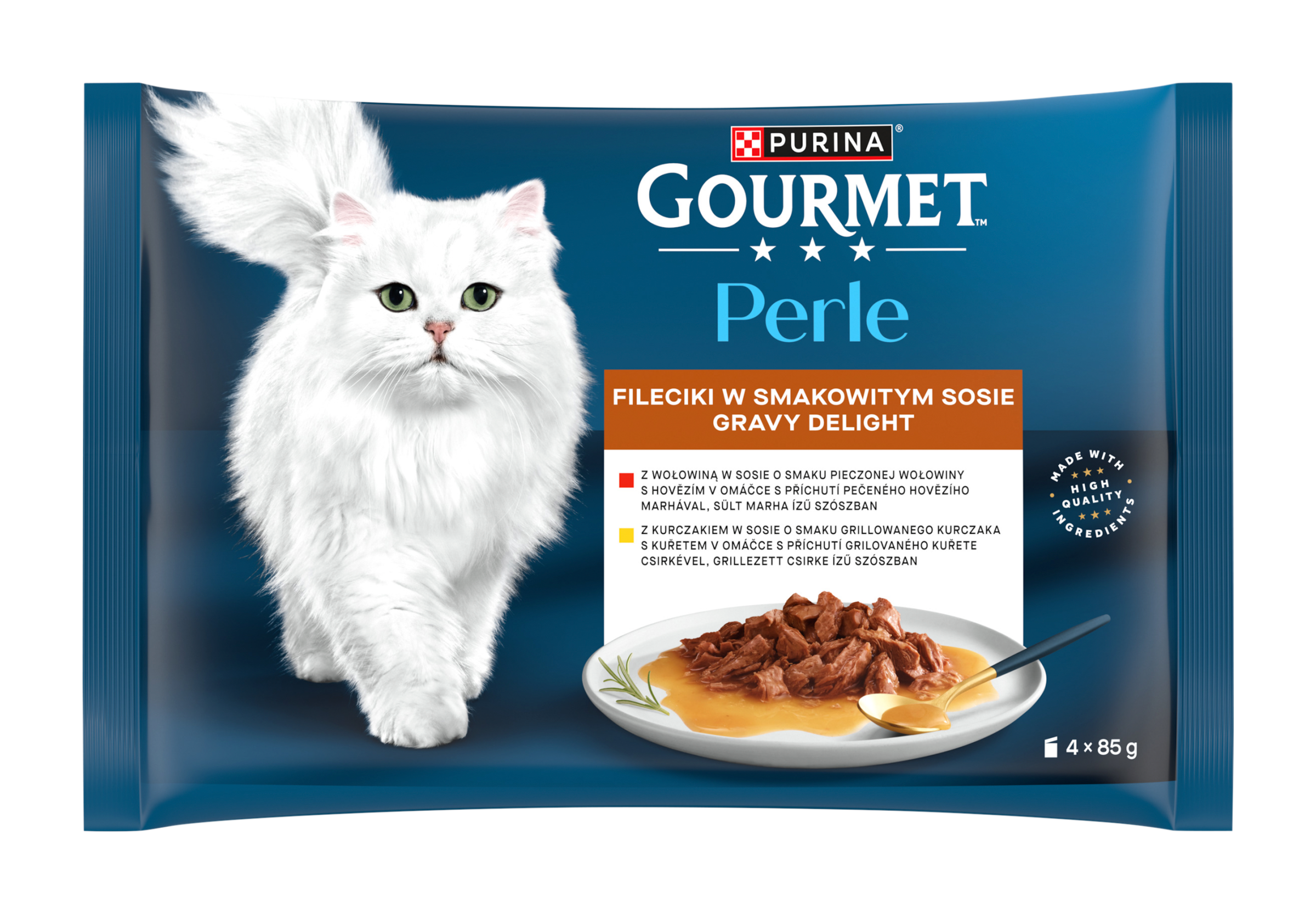 Kapsičky pro kočky Perle Gravy Delight s kuřetem a s hovězím v ochucených omáčkách Multipack 4x 85 g