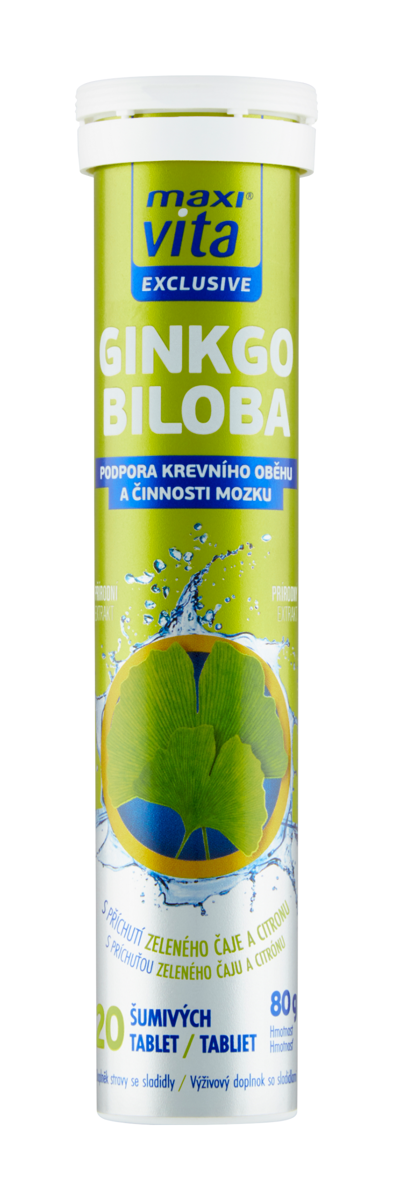 Šumivé tablety ginkgo biloba s příchutí zeleného čaje a citronu, doplněk stravy